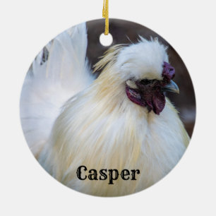 Gepersonaliseerde witte Silkie Pet Chicken Rooster Keramisch Ornament
