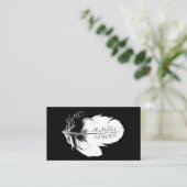 Gepersonaliseerde witte veer op zwarte belkaart contactkaartje (Staand voorkant)