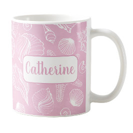 Gepersonaliseerde witte zeeschelpen roze strand Mo Koffiemok