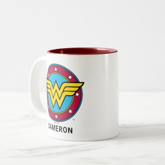 Gepersonaliseerde Wonder Woman | Cirkel en sterren Tweekleurige Koffiemok (Voorkant links)