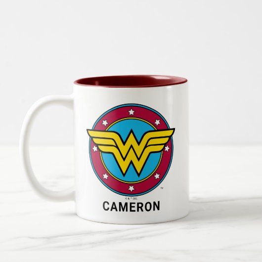 Gepersonaliseerde Wonder Woman | Cirkel en sterren Tweekleurige Koffiemok (Links)
