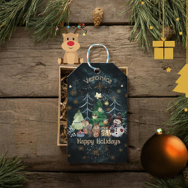 Gepersonaliseerde Woodland Animals Christmas Blue Cadeaulabel