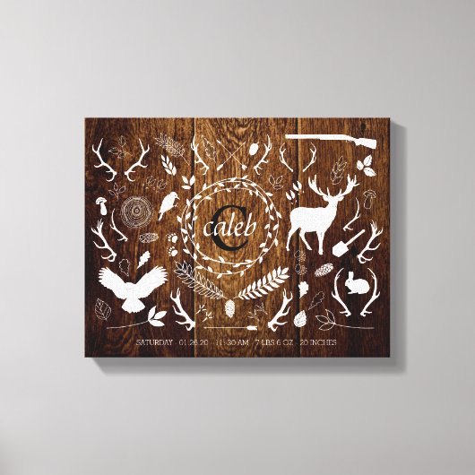 Gepersonaliseerde Woodland Baby Boy Nursery Birth Canvas Afdruk (Voorkant)