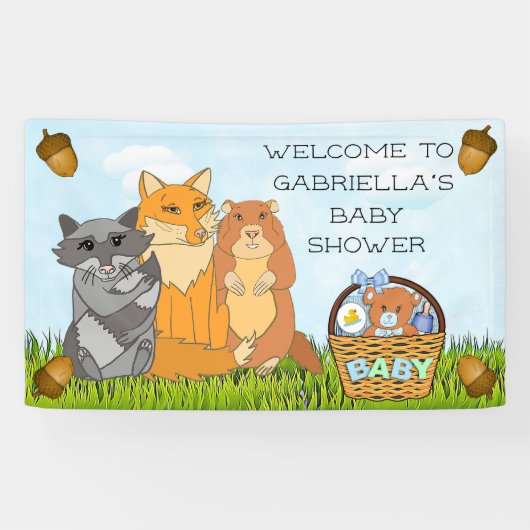 Gepersonaliseerde Woodland Creatures Boy Baby show Spandoek (Horizontaal)