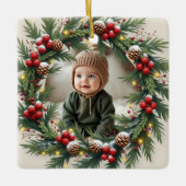 Gepersonaliseerde Woodland Eerste Kerst Baby Herte Keramisch Ornament (Voorkant)