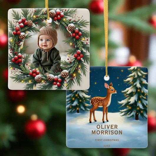 Gepersonaliseerde Woodland Eerste Kerst Baby Herte Keramisch Ornament