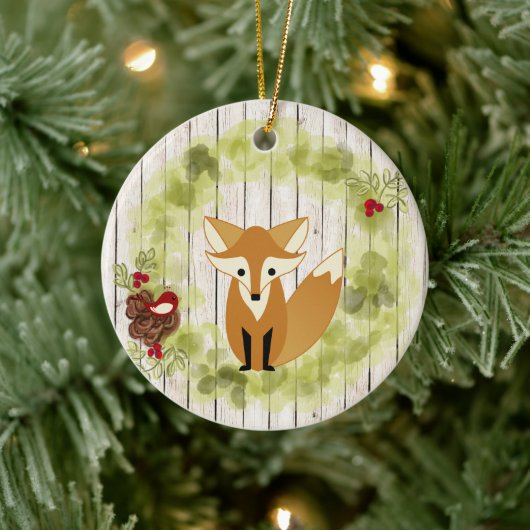 Gepersonaliseerde Woodland Fox en Wreath Kerstmis Keramisch Ornament (Boom)