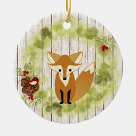 Gepersonaliseerde Woodland Fox en Wreath Kerstmis Keramisch Ornament