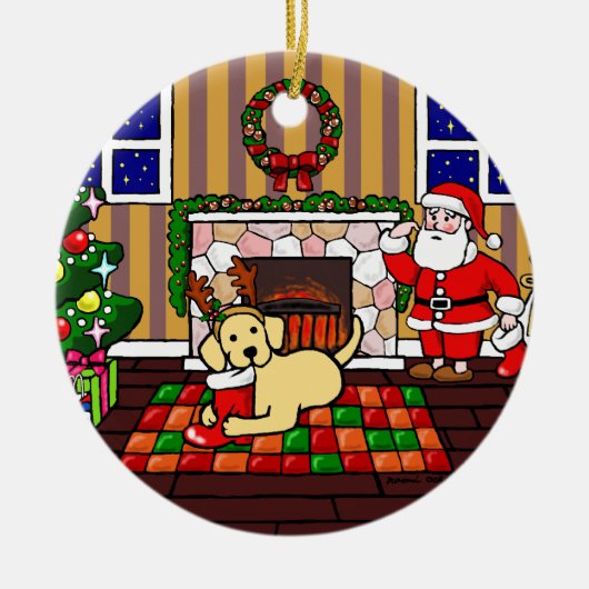 Gepersonaliseerde Yellow Labrador kerstCartoon Keramisch Ornament (Voorkant)