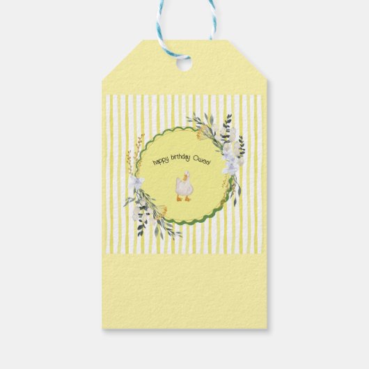 Gepersonaliseerde Yellow Stripe Duckling Verjaarda Cadeaulabel (Achterkant)