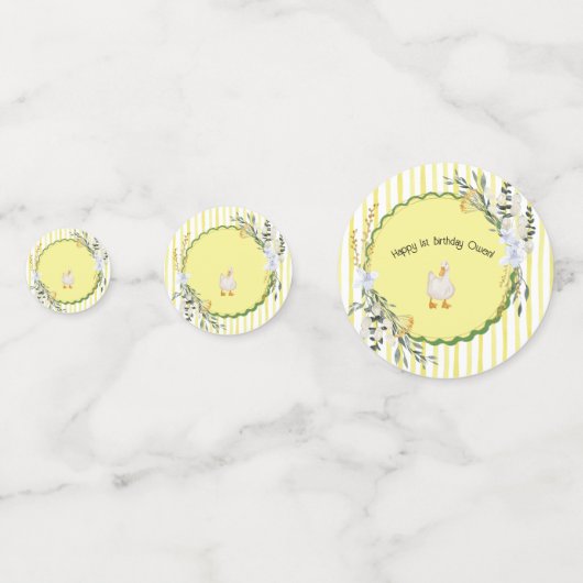 Gepersonaliseerde Yellow Stripe Duckling Verjaarda Confetti (Voorkanten)