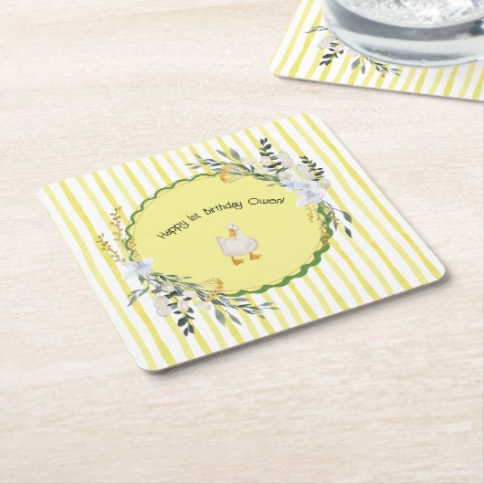 Gepersonaliseerde Yellow Stripe Duckling Verjaarda Kartonnen Onderzetters (Schuin)