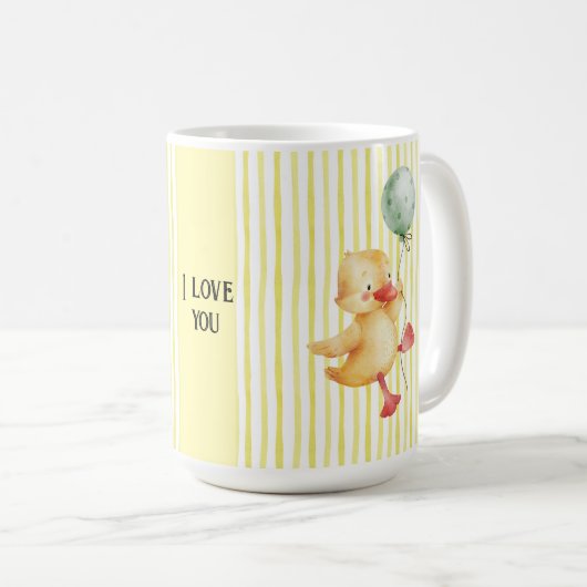Gepersonaliseerde Yellow Stripe Duckling Verjaarda Koffiemok (Voorkant rechts)