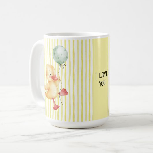 Gepersonaliseerde Yellow Stripe Duckling Verjaarda Koffiemok (Voorkant links)