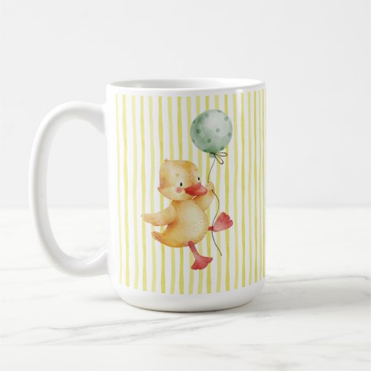 Gepersonaliseerde Yellow Stripe Duckling Verjaarda Koffiemok (Links)