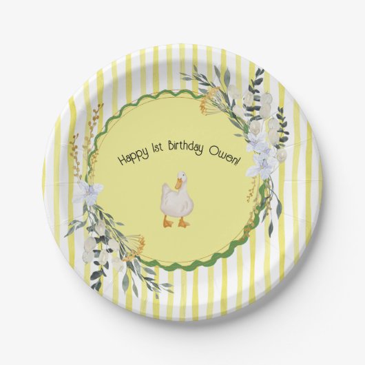 Gepersonaliseerde Yellow Stripe Duckling Verjaarda Papieren Bordje (Voorkant)
