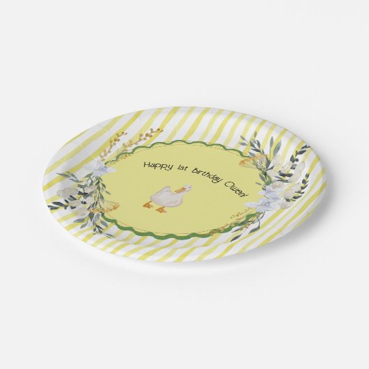 Gepersonaliseerde Yellow Stripe Duckling Verjaarda Papieren Bordje (Gekanteld)