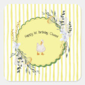 Gepersonaliseerde Yellow Stripe Duckling Verjaarda Vierkante Sticker (Voorkant)