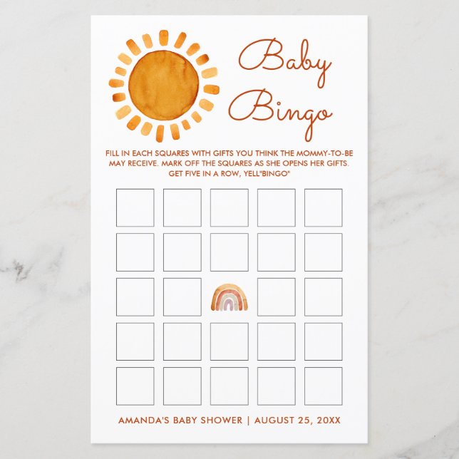 Gepersonaliseerde Yellow Sunshine Baby Bingo (Voorkant)