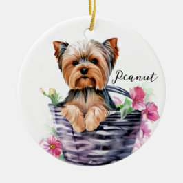 Gepersonaliseerde Yorkie in de Basket Waterverf Ar Keramisch Ornament