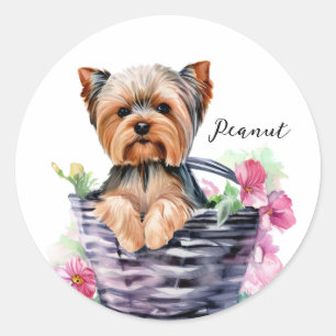 Gepersonaliseerde Yorkie in de Basket Waterverf Ar Ronde Sticker
