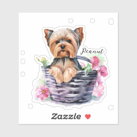 Gepersonaliseerde Yorkie in de Basket Waterverf Ar Sticker (Vel)