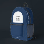 Gepersonaliseerde zakelijke Logo en tekstmedewerke Bedrukte Rugzak<br><div class="desc">Personaliseer deze professionele rugzak eenvoudig door uw bedrijfs-logo en een aangepaste tekst toe te voegen. U kunt een bedrijfsnaam, slogan, sociale media, website of aanvullende informatie toevoegen of verwijderen. Een eenvoudig en modern ontwerp in marineblauw en wit met een duidelijk schreefloos lettertype, voor een professionele en edgy look, perfect als...</div>