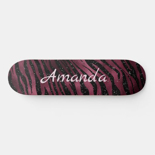 Gepersonaliseerde Zebra Black & Burgundy Glitter Persoonlijk Skateboard (Horizontaal)