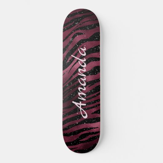 Gepersonaliseerde Zebra Black & Burgundy Glitter Persoonlijk Skateboard (Voorkant)