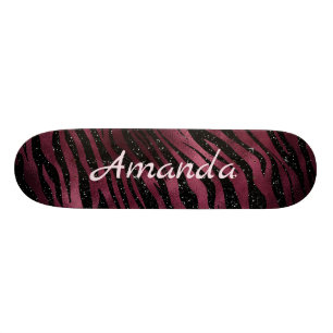 Gepersonaliseerde Zebra Black & Burgundy Glitter Persoonlijk Skateboard