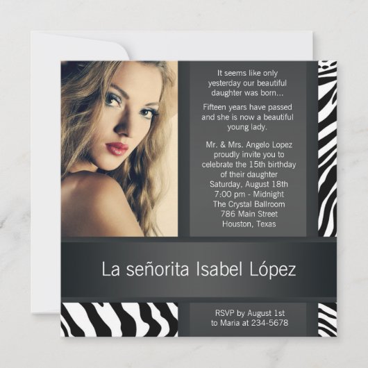 Gepersonaliseerde Zebra foto Quinceanera Kaart (Voorkant)
