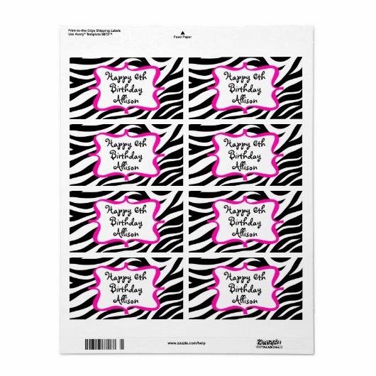 Gepersonaliseerde Zebra Print Roze Waterfles Label (Full Sheet)