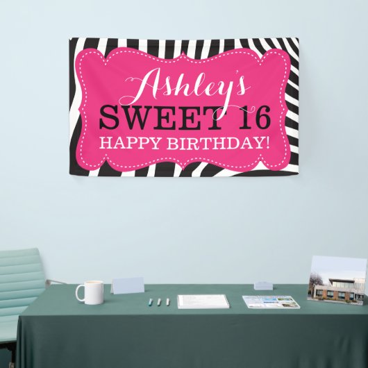Gepersonaliseerde Zebra Print Sweet 16 Verjaardag  Spandoek (Beurs)