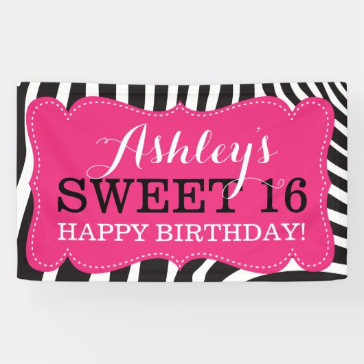 Gepersonaliseerde Zebra Print Sweet 16 Verjaardag  Spandoek (Horizontaal)