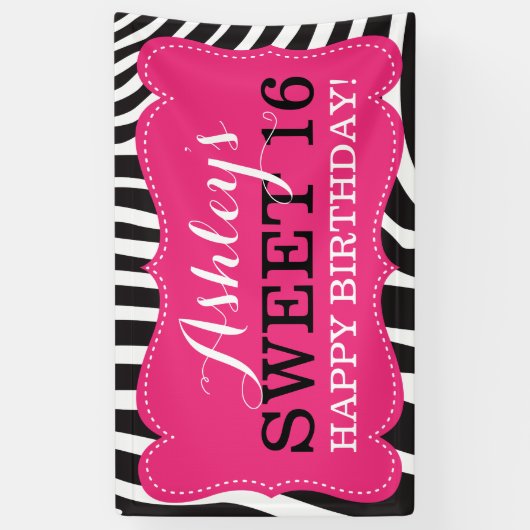 Gepersonaliseerde Zebra Print Sweet 16 Verjaardag  Spandoek (Verticaal)