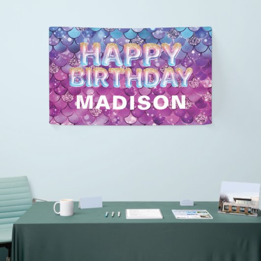 Gepersonaliseerde zeemeerdag roze blauwe glitter spandoek (Beurs)