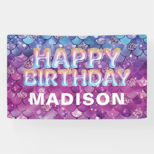 Gepersonaliseerde zeemeerdag roze blauwe glitter spandoek (Horizontaal)