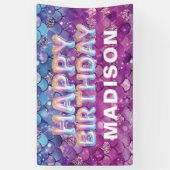 Gepersonaliseerde zeemeerdag roze blauwe glitter spandoek (Verticaal)