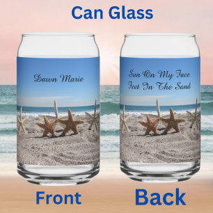 Gepersonaliseerde zeesterren op het strand blikvorm glas