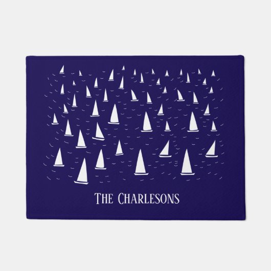 Gepersonaliseerde Zeilboot Nautische Marine Blauw Deurmat (Voorkant)