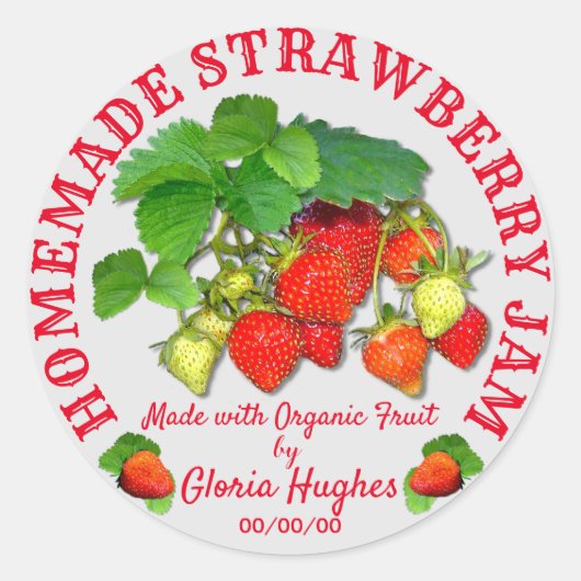 Gepersonaliseerde zelfgemaakte aardbeienjam aangep ronde sticker (Voorkant)