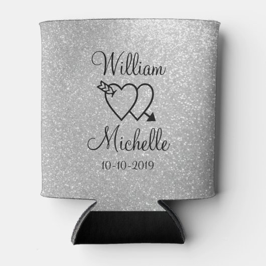 Gepersonaliseerde zilveren glitter bruiloft koelbo blikjeskoeler (Voorkant)