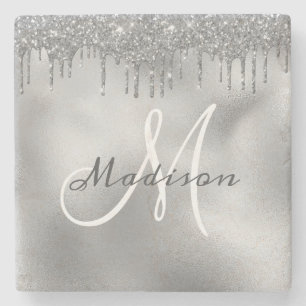 Gepersonaliseerde Zilveren Glitter Monogram Aangep Stenen Onderzetter