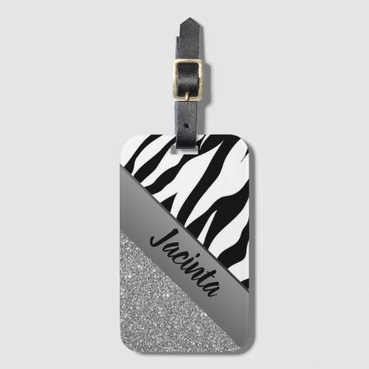 Gepersonaliseerde zilveren glitter zebra print bagagelabel (Voorkant (verticaal))