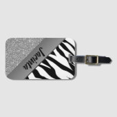 Gepersonaliseerde zilveren glitter zebra print bagagelabel (Voorkant (horizontaal))