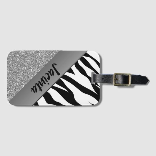 Gepersonaliseerde zilveren glitter zebra print bagagelabel (Voorkant (horizontaal))