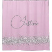 Gepersonaliseerde Zilveren Glittery Edging op Roze Douchegordijn (Voorkant)