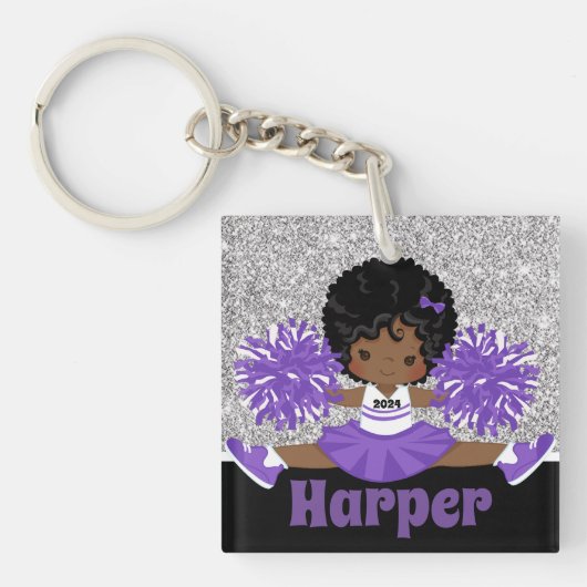 Gepersonaliseerde zilveren & Paarse cheerleading S Sleutelhanger (Voorkant)