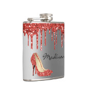 Gepersonaliseerde Zilveren Rode Glitter Druppelt H Heupfles (Rechts)