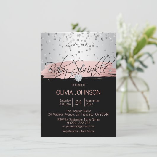 Gepersonaliseerde Zilveren Roze Zwart Meisje Baby Kaart (Staand voorkant)